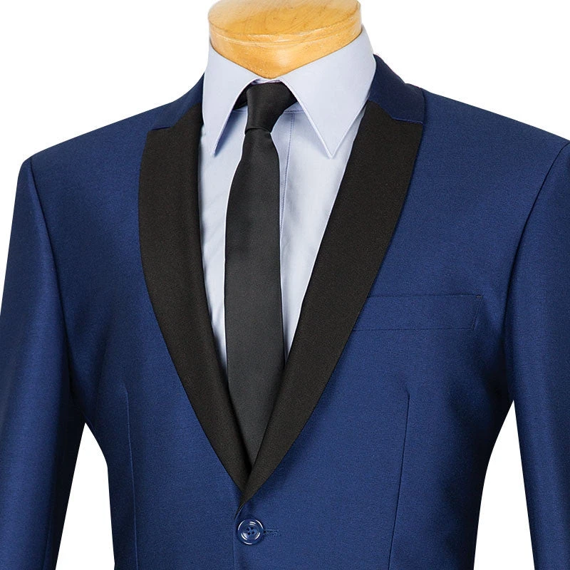 Slim Fit Shiny Sharkskin Men's 2 Piece Suit In Navy - Image 2