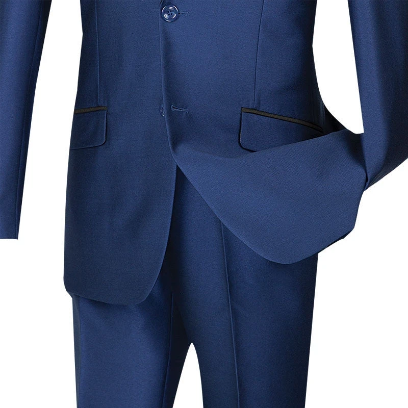 Slim Fit Shiny Sharkskin Men's 2 Piece Suit In Navy - Image 3