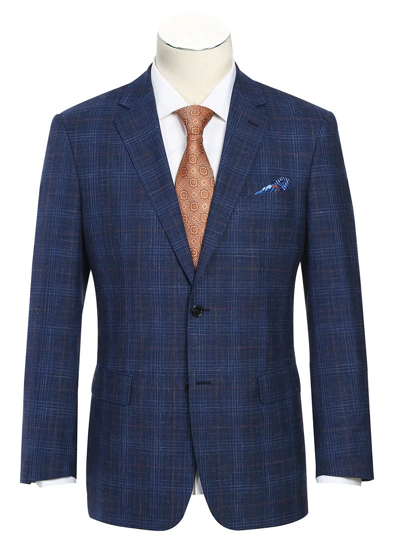 Regular Fit Wool & Linen Blue Plaid Blazer