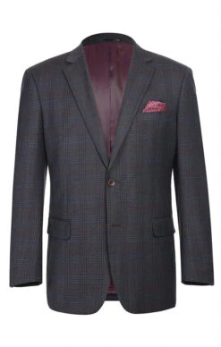 (42R) Wool Blend Plaid Pattern Regular Fit 2 Button Blazer In Burgundy