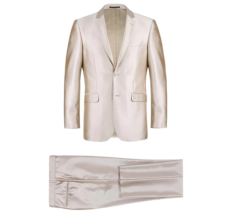 Beige Regular Fit Sharkskin Italian Styled 2 Piece Suit - Image 3
