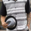 Black 2 Piece Short Sleeve Men's Summer Walking Suit Horizontal Stripe Pattern