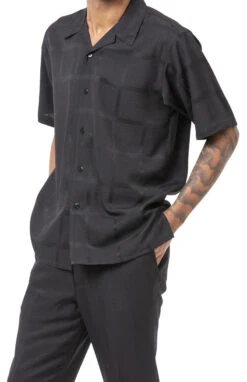 Black 2 Piece Short Sleeve Men's Summer Walking Suit Tone On Tone Windowpane