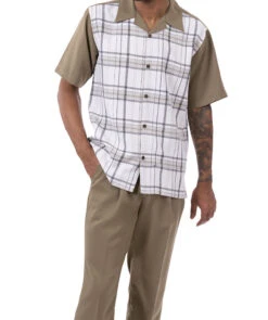 Olive Plaid Walking Suit 2 Piece Short Sleeve Set