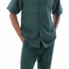 Emerald Green Tone On Tone Horizontal Stripes Walking Suit 2 Piece Short Sleeve Set