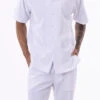 White Tone On Tone Vertical Stripes Walking Suit 2 Piece Short Sleeve Set