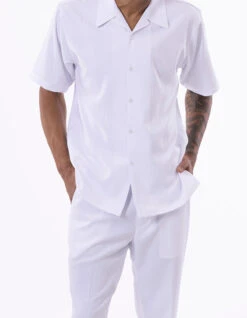 White Tone On Tone Vertical Stripes Walking Suit 2 Piece Short Sleeve Set