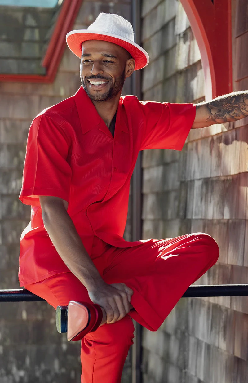 Red Walking Suit Tone On Tone Vertical Stripes 2 Piece Short Sleeve Set