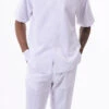 White Walking Suit Tone On Tone Vertical Stripes 2 Piece Short Sleeve Set