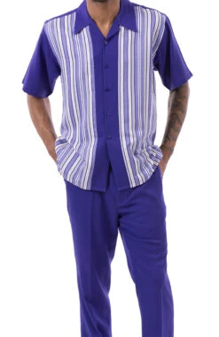 Purple Tone On Tone Stripes Walking Suit 2 Piece Short Sleeve Set