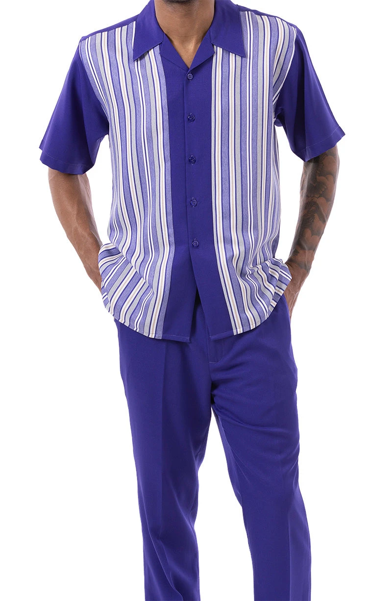 Purple Tone On Tone Stripes Walking Suit 2 Piece Short Sleeve Set