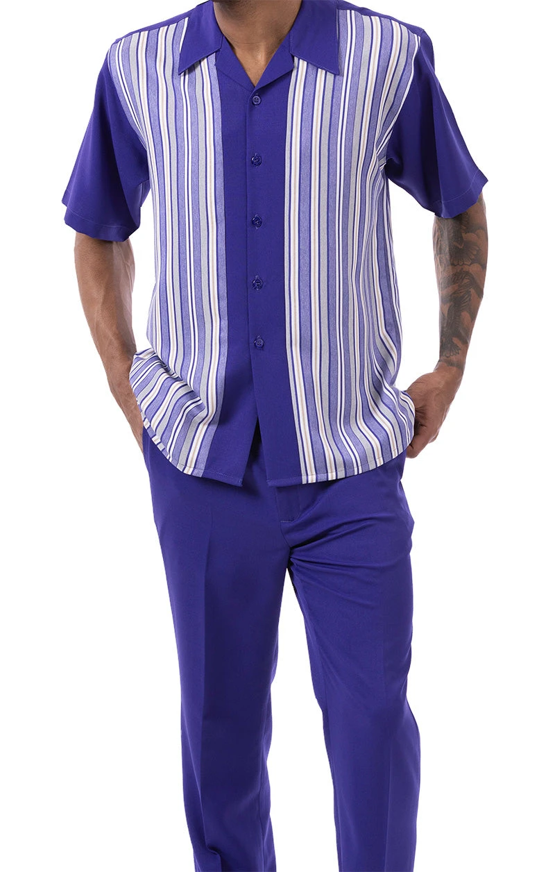 Purple Tone On Tone Stripes Walking Suit 2 Piece Short Sleeve Set - Image 2