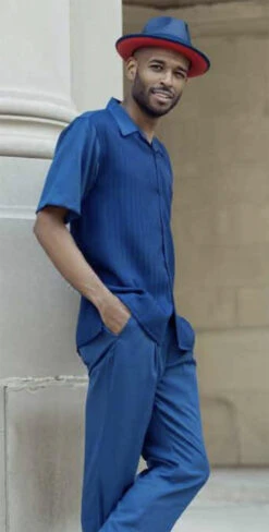 Navy Tone On Tone Striped Walking Suit 2 Piece Short Sleeve Set