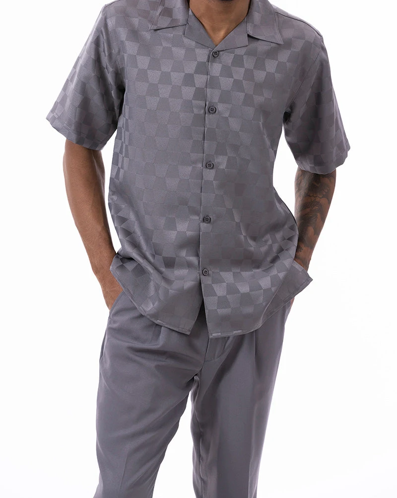 Gray Tone On Tone Check Walking Suit 2 Piece Short Sleeve Set