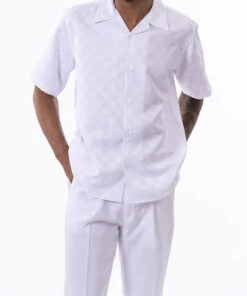 White Tone On Tone Check Walking Suit 2 Piece Short Sleeve Set