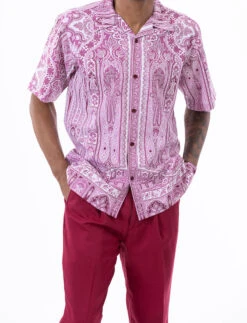 Burgundy Floral Pattern Walking Suit 2 Piece Short Sleeve Set