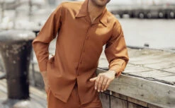 Cognac Tone-on-Tone Design 2 Piece Long Sleeve Walking Suit Set