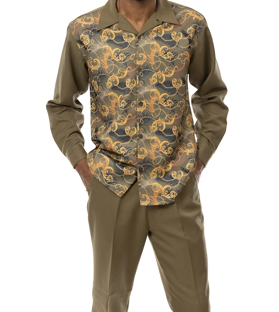 Olive Feather And Paisley Front Design 2 Piece Long Sleeve Walking Suit Set