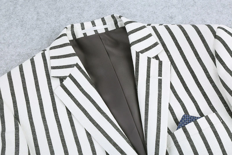 Black Striped Linen Blend Slim Fit 2 Button Blazer - Image 3