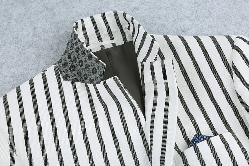 Black Striped Linen Blend Slim Fit 2 Button Blazer - Image 2