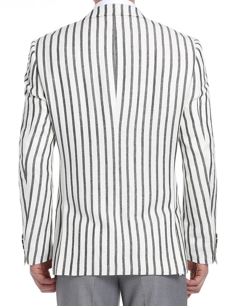 Black Striped Linen Blend Slim Fit 2 Button Blazer - Image 4