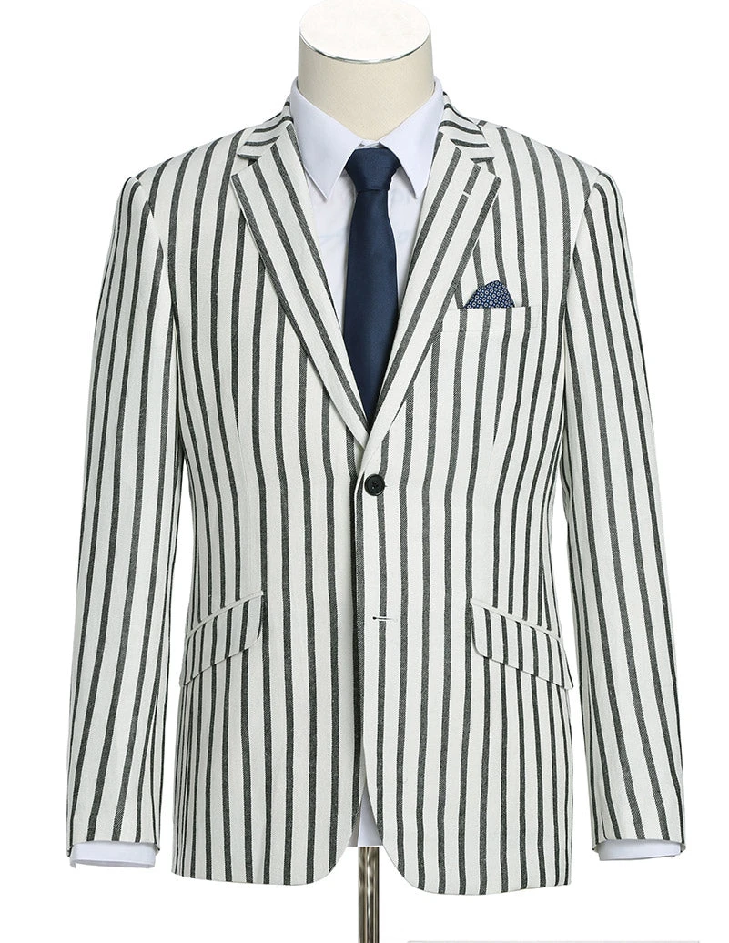 Black Striped Linen Blend Slim Fit 2 Button Blazer