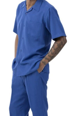 Men's 2 Piece Walking Suit Summer Short Sleeves In Royal Blue