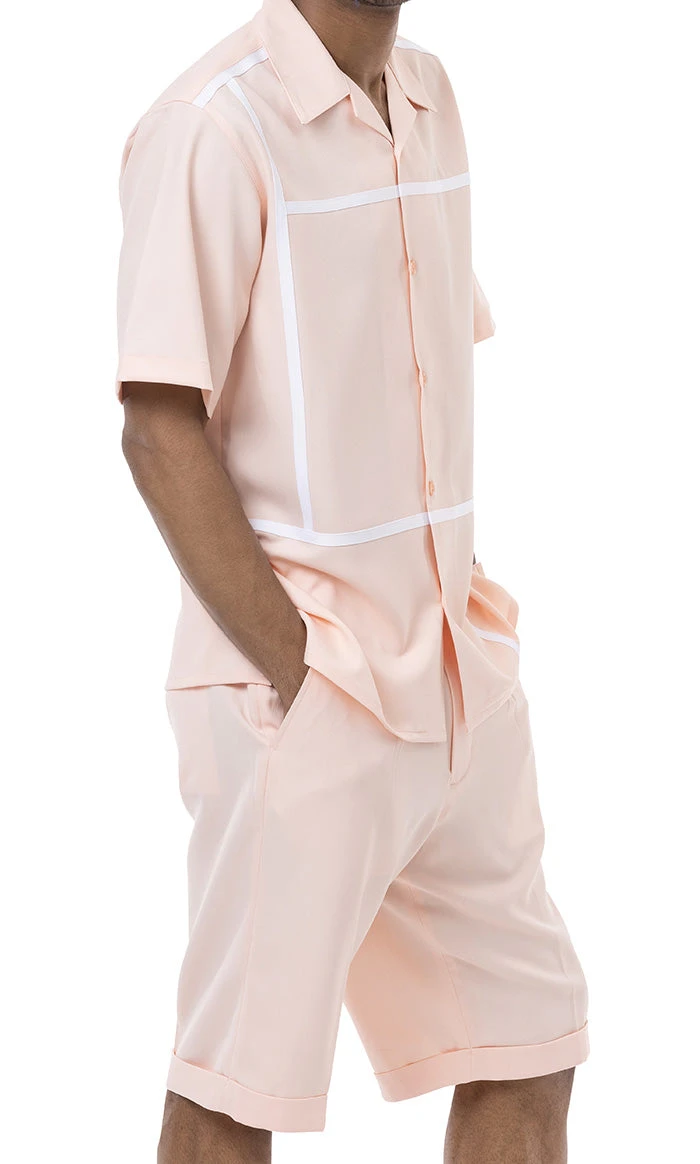 Peach Minimalist Line Design 2 Piece Short Sleeve Walking Suit With Shorts