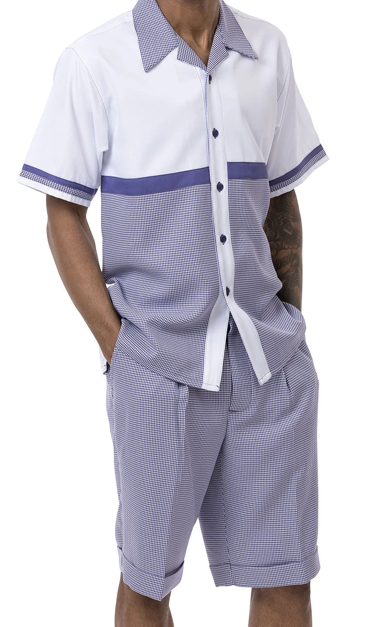 Purple 2 Piece Short Sleeve Walking Suit Set Horizontal Color Block With Shorts