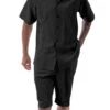Black Tone On Tone Vertical Stripes Walking Suit 2 Piece Short Sleeve Set With Shorts