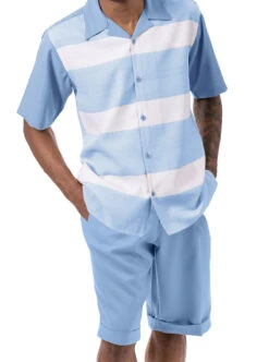 Carolina Blue Horizontal Stripes 2 Piece Walking Suit Set With Shorts