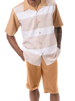 Tan Horizontal Stripes 2 Piece Walking Suit Set With Shorts