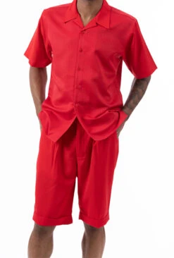 Red Walking Suit Tone On Tone Vertical Stripes 2 Piece Short Sleeve Set With Shorts