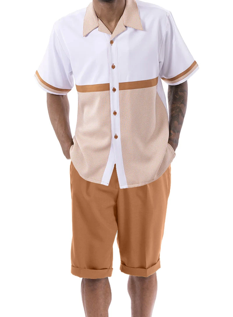 Cognac Houndstooth Color Block Walking Suit 2 Piece Short Sleeve Set With Shorts