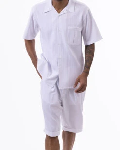 White Tone On Tone Striped Walking Suit 2 Piece Short Sleeve Set With Shorts