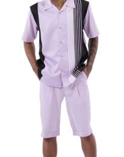 Lavender Vertical Stripe Walking Suit 2 Piece Set Short Sleeve Shirt With Shorts