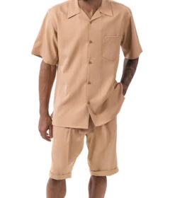 Tan 2 Piece Short Sleeve Walking Suit Set With Elastic Waistband Shorts