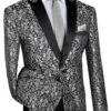 Silver Regular Fit Floral Pattern Jacket Peak Lapel