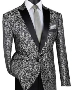 Silver Regular Fit Floral Pattern Jacket Peak Lapel