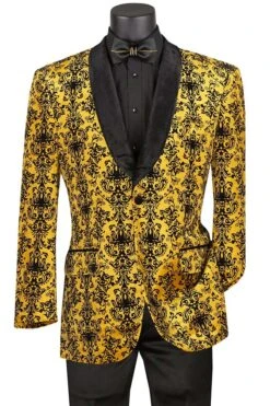 Gold Regular Fit Embossed Damask Print Velvet Jacket Shawl Lapel
