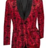 (M) Red Regular Fit Embossed Damask Print Velvet Jacket Shawl Lapel