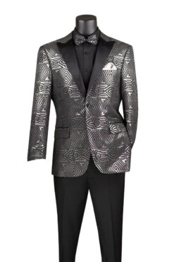 Silver Modern Fit Jacquard Jacket With Matching Bow Tie Metallic Design
