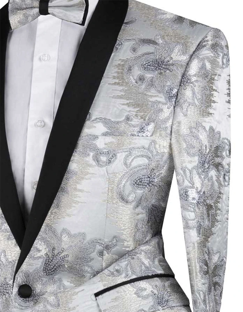 Silver Embroidery Slim Fit Jacket Shawl Lapel With Bow Tie - Image 3