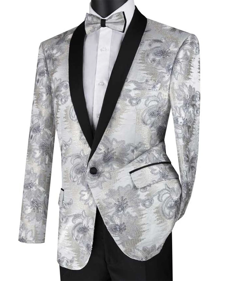 Silver Embroidery Slim Fit Jacket Shawl Lapel With Bow Tie - Image 2