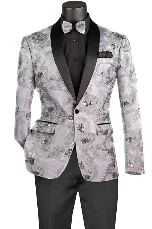 Silver Embroidery Slim Fit Jacket Shawl Lapel With Bow Tie