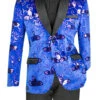 Royal Blue Slim Fit Velvet Sequin Floral Pattern Jacket