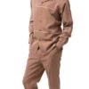 (L/34) Cognac Denim Feel 2 Piece Long Sleeve Walking Suit With Stripe Design