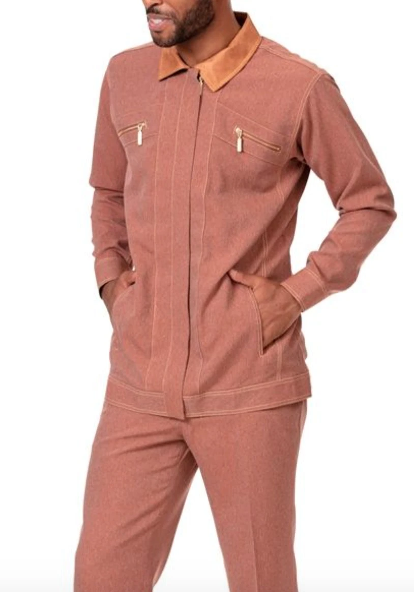 Men's 2 Piece Long Sleeve Denim Feel Walking Suit In Cognac