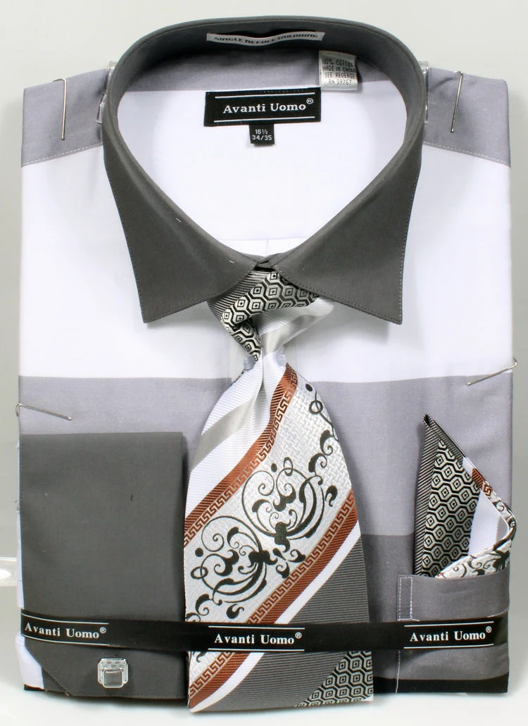 French Cuff Shirt In Black With Tie, Cuff Links, And Handkerchief