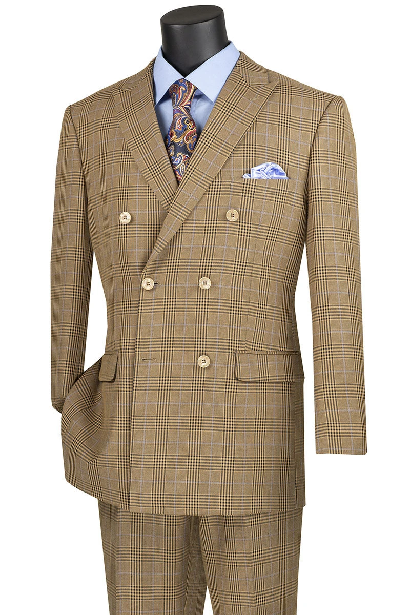 Alexander Collection - Mocha Double Breasted 2 Piece Suit Regular Fit Tone On Tone Windowpane